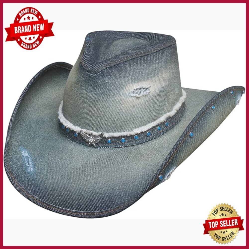Denim Western Cowboy Hat with Silver Wings, 3 3/4" Brim